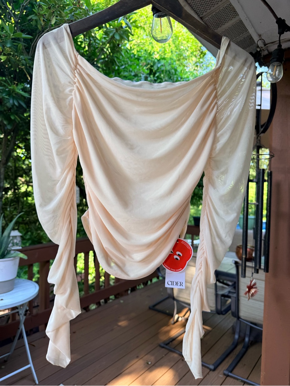 Cider Cream Off-Shoulder Draped Blouse with Ruched Sleeves